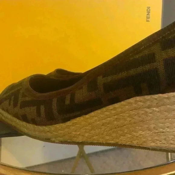 FENDI Brown Monogram ZUCCA RAFFIA ZEPPA WEDGES Open Toe ESPADRILLES Shoes, 36.5 - Picture 5 of 9